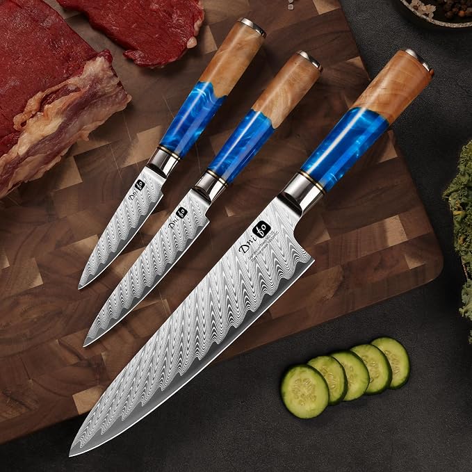 Kitchen Knife Set of 3,Damascus VG10 Steel,Ocean Blue Handle Series
