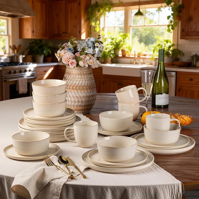 GBHOME Dinnerware Sets for 4, 12 Pieces Stoneware Plates and Bowls Sets, Scratch Resistant Dishes, Dishwasher & Microwave Safe, Reactive Glaze-Vanilla color