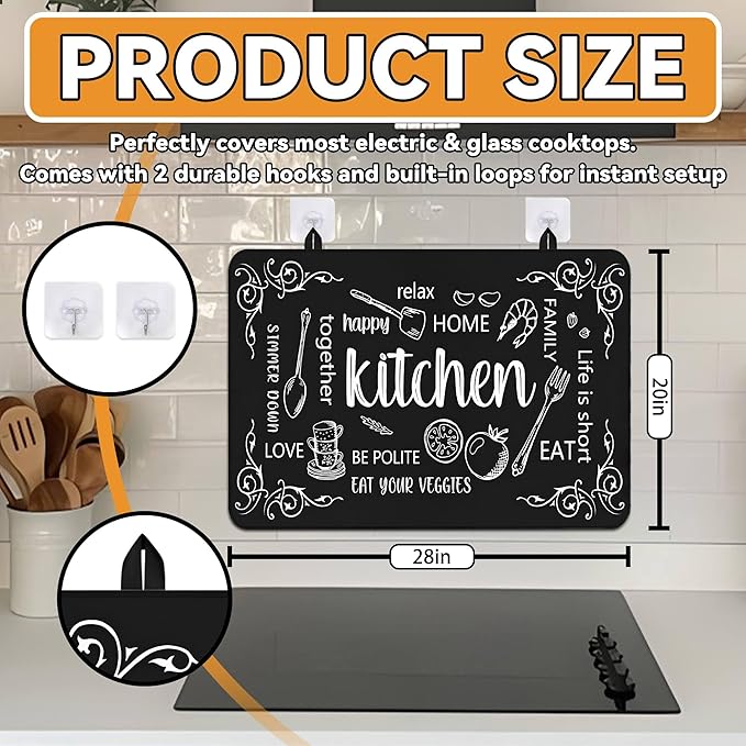 Decorative Stove Top Covers for Electric Stove 28"x20" – Heat Resistant Glass Cooktop Protector Dish Drying Mat – Non-Slip Rubber Backing Washer Top Cover Waterproof Extra Counter Space (Kitchen 3)