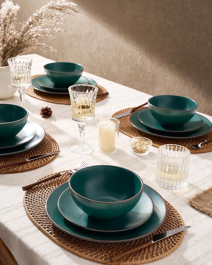 Famiware Venus Plates and Bowls Sets with Trim, 24 Pieces Speckled Stoneware Dinnerware Set for 8, Matte Dark Green - Microwave & Dishwasher Safe, Modern Minimalist, Dishes for Everyday & Formal Use