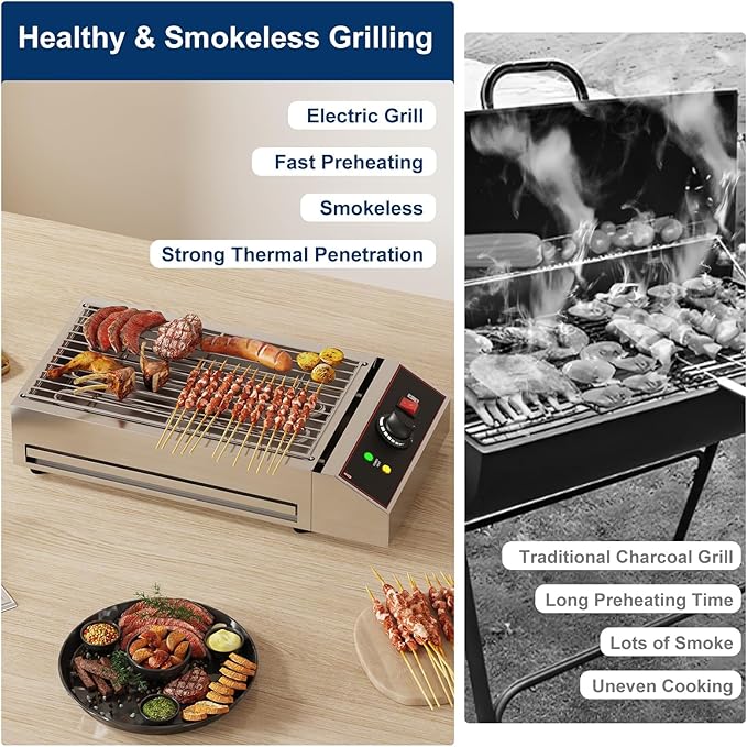 Garvee 1800W Smokeless Electric Grill, Indoor Outdoor Portable Griddle, Commercial Countertop BBQ Grill with Stainless Steel Grill Grate, Adjustable Temperature 122°F-572°F, for Home Camping Picnic