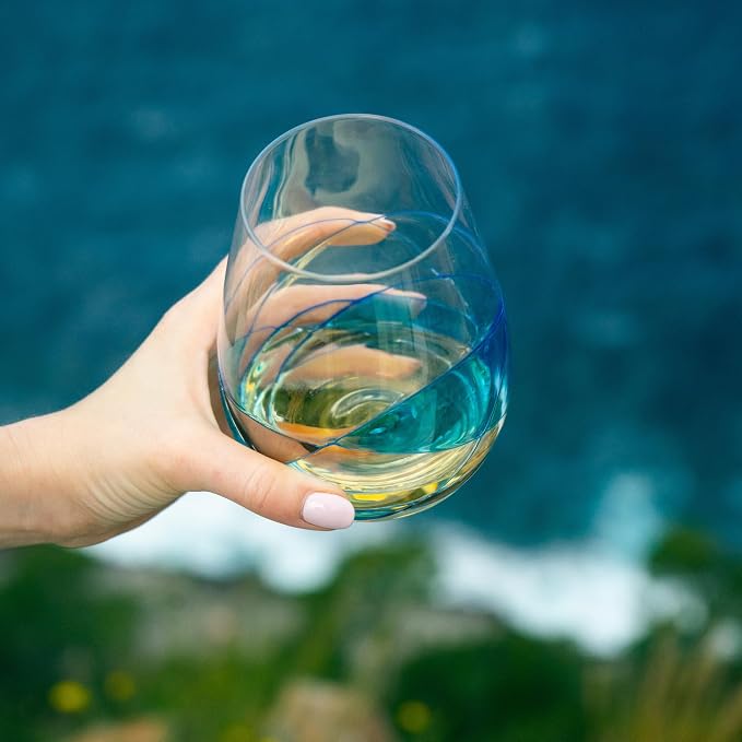 Victoria Barcelona Stemless Wine Glasses Set 2 17Oz Hand Painted Stained Turquoise Sea Unique Gift Anniversary Wedding Birthday Murano Inspired Antoni Gaudi Cornet