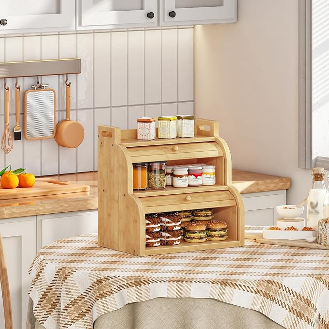 HOOBRO Bread Box, Bamboo Bread Box for Kitchen Countertop, 2-Tier Roll-Top Bread Bin, Food Storage Box, Bamboo Storage Cabinet with Handles, for Kitchen, Dining Room, Natural YL15MB01