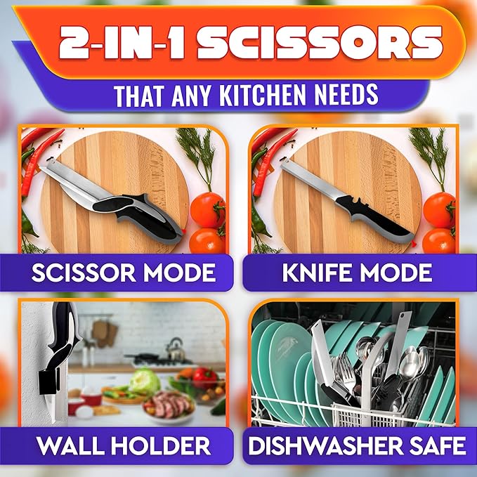 2 in 1 Kitchen Scissors for Food – Stainless Steel 9.5" Tomato Knife Chops Vegetables, Fruit, Cheese, Meat in Seconds | Dishwasher Safe Cutting Board Scissors with Safety Lock – Mess-Free Prep