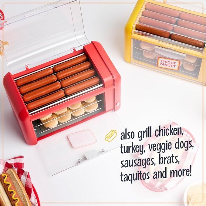 Nostalgia Oscar Mayer Extra Large 8 Hot Dog Roller & Bun Toaster Oven - Stainless Steel Grill Rollers for Veggie Sausages & Brats - Multi-Use Warming Oven with Adjustable Timer for Parties - Yellow