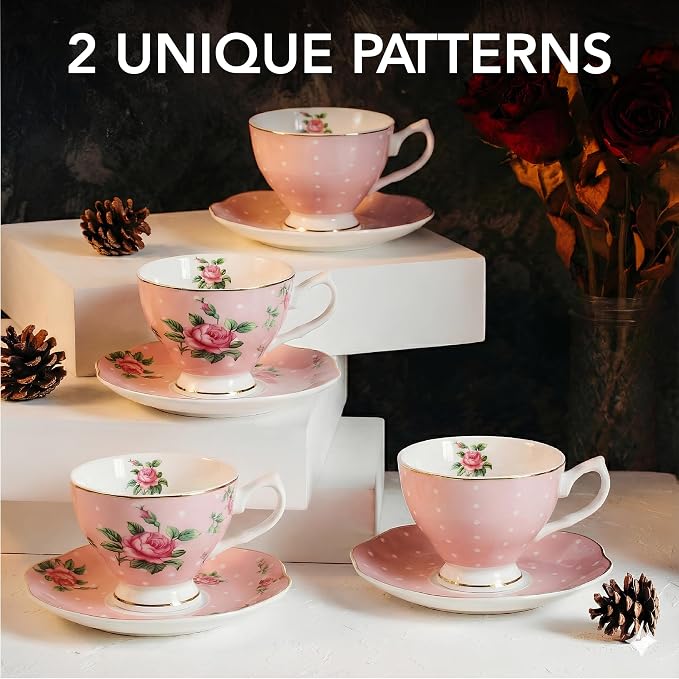 BTaT- Floral Tea Cups and Saucers, Set of 4, 8 oz, Fine Porcelain Teacup Set with Gold Trim for Afternoon Tea, Weddings, Parties & Gifting, Dishwasher Safe, Lightweight, Non-Toxic
