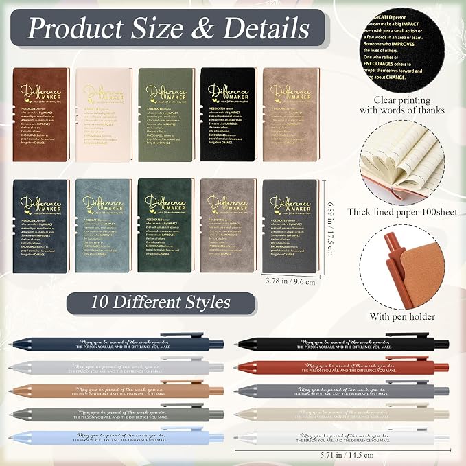 Didaey 10 Sets Difference Maker Appreciation Gifts Set 13oz Inspirational Ceramic Coffee Mugs A6 Leather Notebooks Ballpoint Pens Bulk Thank You Gifts for Employees, Staff, Nurses, Team Members