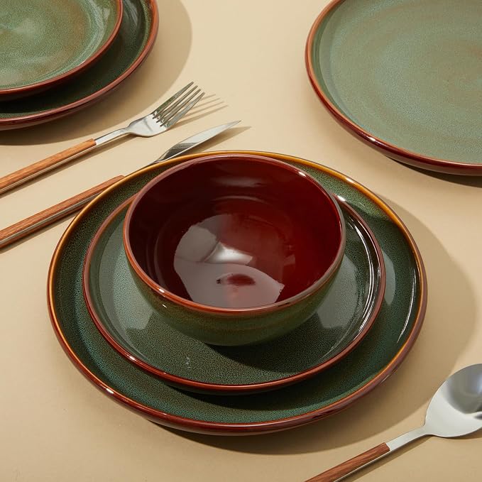 Pokini Stoneware Dinnerware Sets, Ceramic Plates and Bowls Set, Microwave & Dishwasher Safe Kitchen Dishes, Modern Dinner Salad Plates | Cereal Bowls, Dishware Sets Service for 4 Sage Green