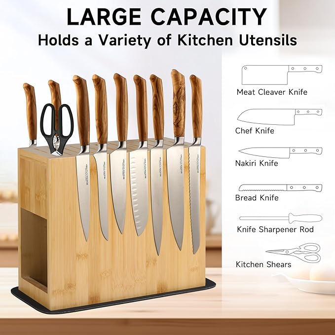 Double-Sided Magnetic Knife Holder Rack - Bamboo Wood Storage Stand with Absorbent Protection Pad, Can Hold Up to 26 Knives.