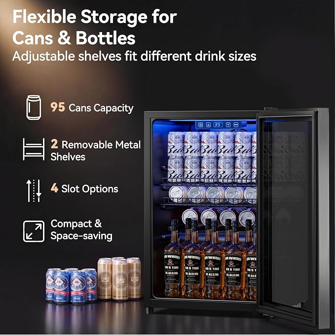 Tehanld 2.5 Cu.Ft Beverage Fridge, Beverage Fridge With Glass Door, Beverage Cooler Refrigerator, Wine Drink Beer Cooler, Adjustable Shelves & Digital Temperature Display, 22 Bottle 96 Can
