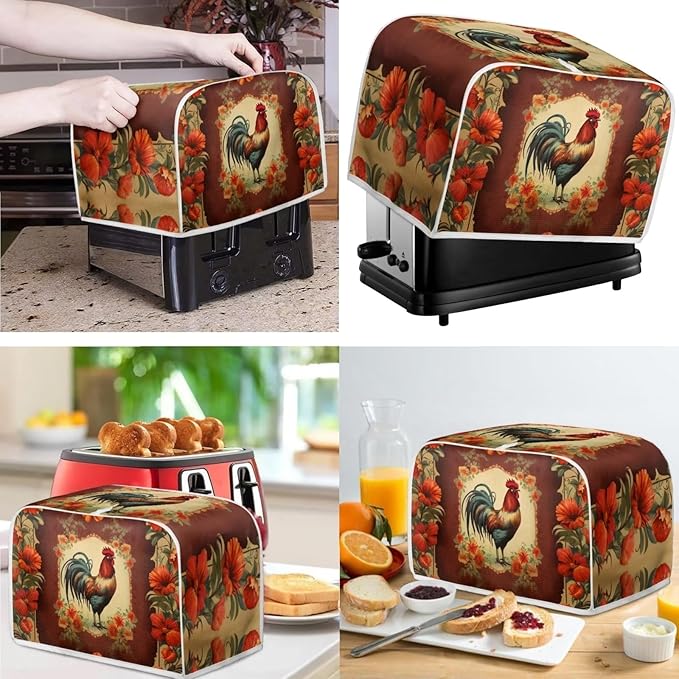 Vintage Chicken Rooster Flower Pattern Appliance Covers Set Washable Kitchen Blender Dust Cover Bread Maker Toaster Cover 2 Slice Kitchen Accessories Size S