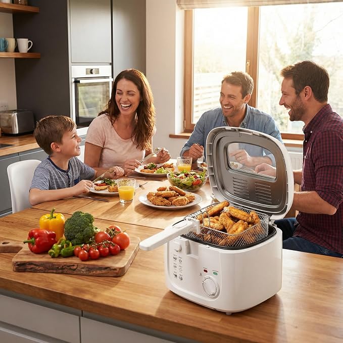 KEINVE Electric Deep Fryer with Basket, 2.5L Oil Fryer with Non-Stick Inner, Viewing Window, 1600Watt Fast Heating, White