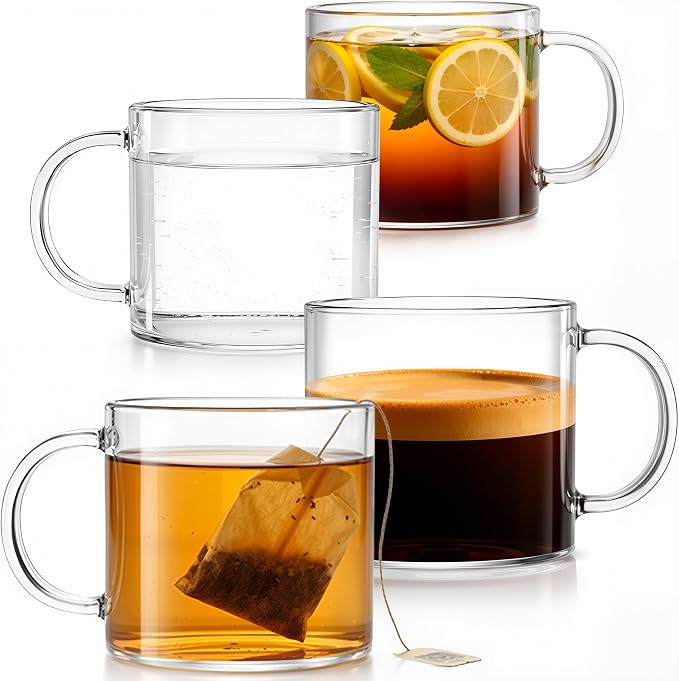 Aquach 12oz Glass Mugs Set of 4, Clear Borosilicate Cups with Handle | Dishwasher/Microwave Safe, 3.5mm Thick, Single-walled, Smooth Rim, Stable Flat Base, Fits Hot/Cold Brews