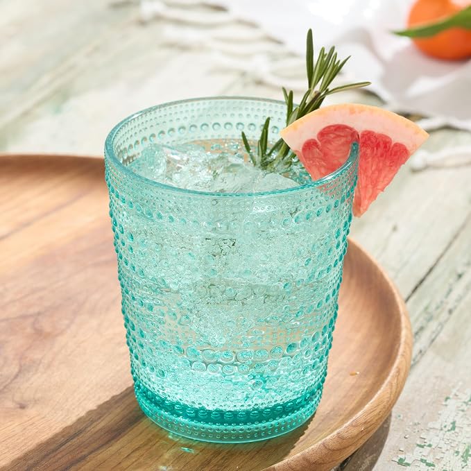Santa Fe Teal Set of 6 Premium Acrylic DOF Glasses 16 oz – Unbreakable Drinkware with Textured Bubble Design, Dishwasher Safe Tumblers for Indoor & Outdoor Use