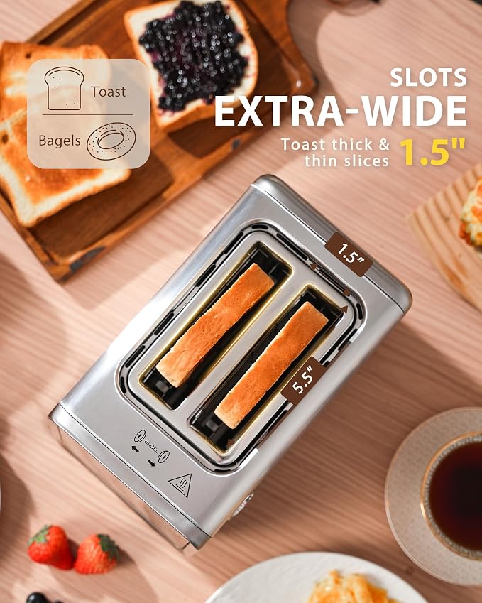 2 Slice Toaster with Smart Touchscreen & Digital Countdown Timer, 1.5" Wide Slot Toaster for Bagels & Bread, 6 Shade Settings, Memory, Defrost & Reheat, Slim Stainless Steel Design for Kitchen