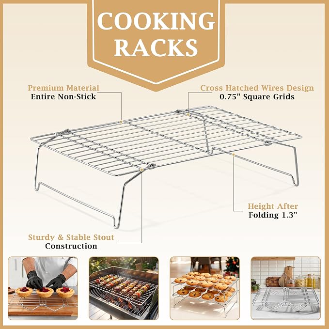 LIANYU Cooling Rack 15"x10", 3-Tier Stackable & Collapsible Stainless Steel Baking Wire Racks for Cooking, Baking, Roasting, Drying, Oven & Dishwasher Safe, Silver
