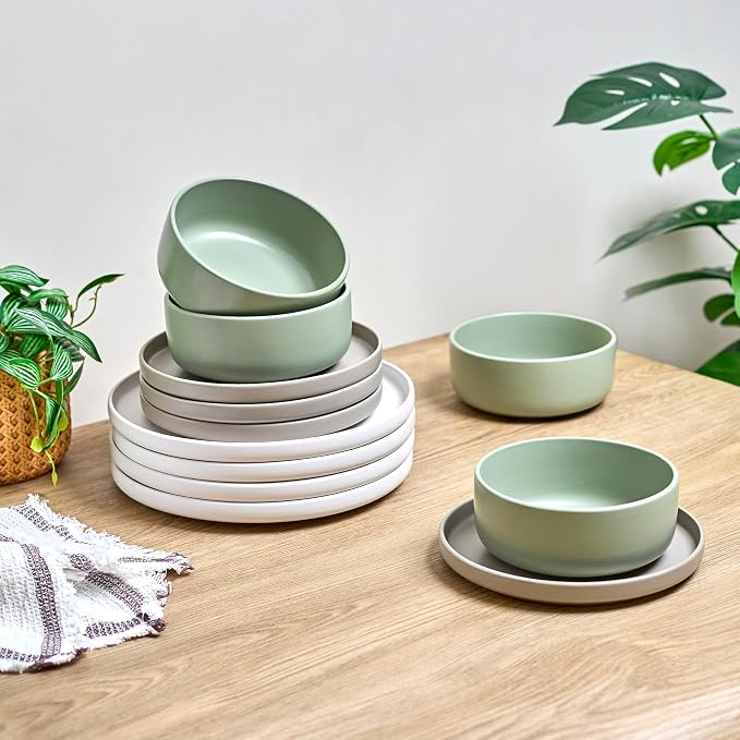 Sango 12-Piece Stoneware Dinnerware Set for 4, Satin Glazed Plates and Bowls Sets with Matte Finish, Ceramic Dish Set, Durable Kitchen Dishes, Microwave & Dishwasher Safe for Casual Dining, Rollo Alta