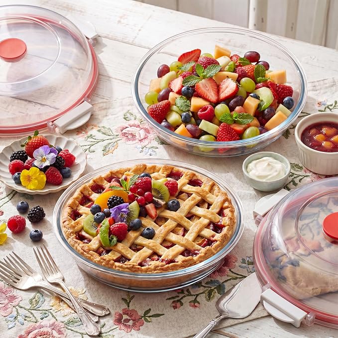 2 Pcs 9 Inch Glass Pie Plate with Lid for Baking Large Stackable Glass Round Pie Baking Dish for Fruit, Quiches, Pumpkin, Kitchen Oven Refrigerator Family Clear