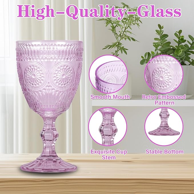 Pack of 12 Glass Goblets Wine Glassware, 10 oz, Purple | Wine Glasses, Not Dishwasher Safe,Wedding Glass Set, Embossed Drinking Glasses Cups for Thanksgiving Wedding Party Bar