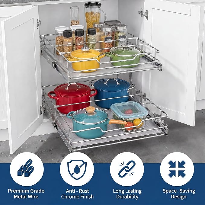 Garvee 2-Tier Pull Out Cabinet Organizer, Pullout Shelf and Drawer Organizer with Heavy-Duty Steel Frame, Slide Out Storage Basket for Kitchen, Pantry & Under Sink, 14" W x 21”D x 15" H