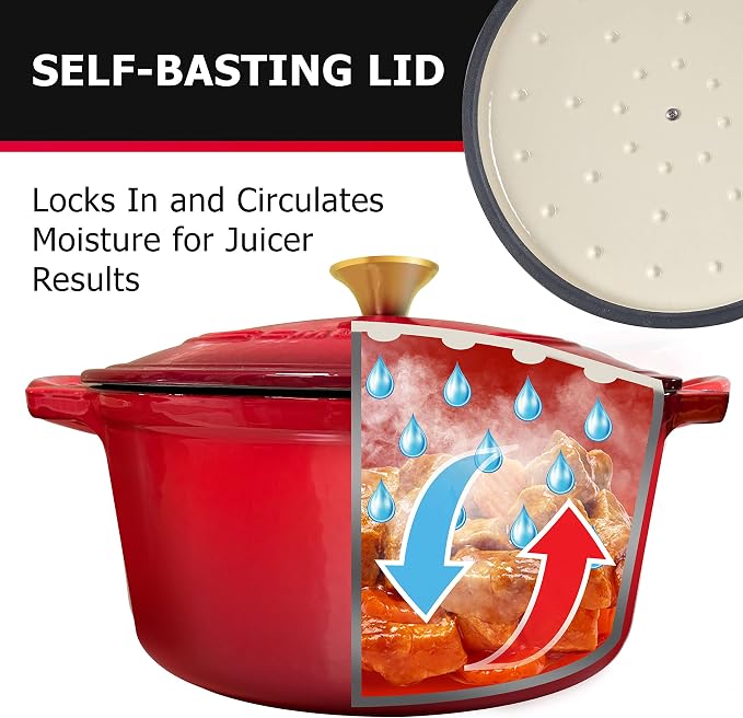 Mueller 6qt Enameled Cast Iron Dutch Oven, Heavy-Duty Casserole and Braiser Pan with Lid and Knob, Oven-Safe up to 500° F & Across All Cooktops, Red