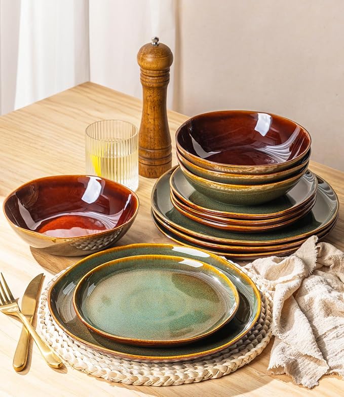 GBHOME Stoneware Dinnerware Sets for 4, 12 Pieces Rustic Earthenware Plates and Bowls Set, Handmade Reactive Glaze Ceramic Plate Sets, Chip Resistant Dishes, Microwave & Dishwasher Safe, Brown Green