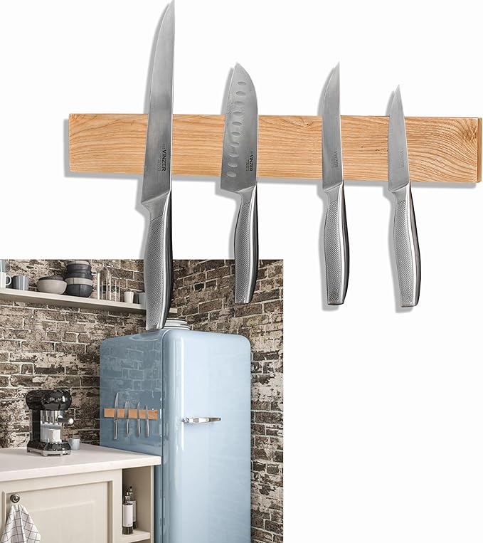 Premium Wood Magnetic Knife Holder for Refrigerator – 15 Inch Professional Double Sided Magnetic Knife Strip for Fridge - Ash Wooden Magnetic Knife Holder for Wall