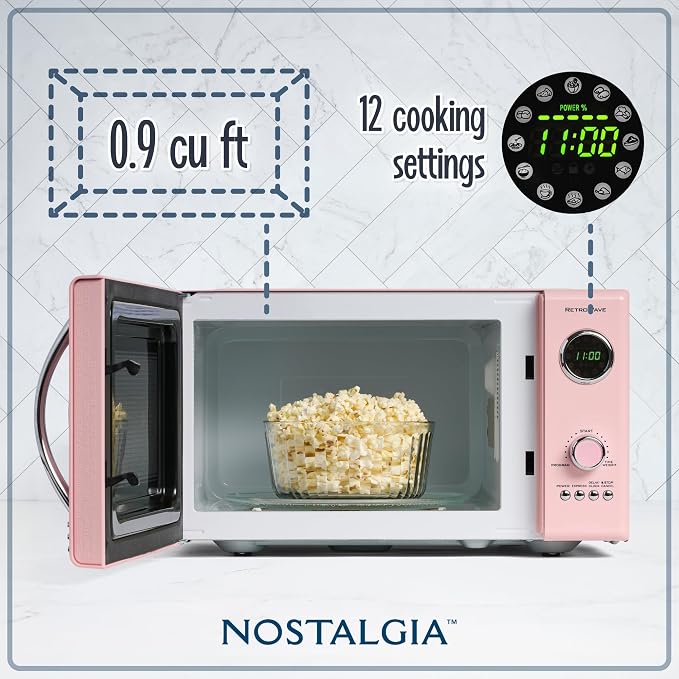 Nostalgia Countertop Microwave Oven with Easy Clean Interior - Retro Microwave with LED Display & Child Lock- Compact 0.9 Cu. Ft. Oven With 12 Pre-Programmed Settings for Quick Cooking- 800-Watts-Pink