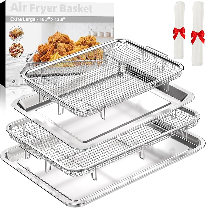 Air Fryer Basket for Oven, 2 Set Air Fryer Pan and Crisper Tray, YEPATER 18.7" x 12.8"&15.7" x 11.6"Large Size Stainless Steel Air Fryer Pan and Crisper Tray with 60 PCS Parchment Paper for Baking