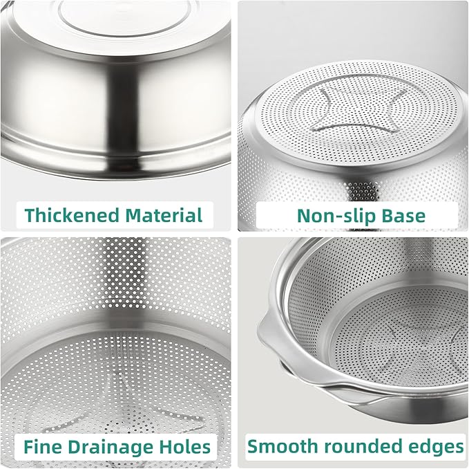Colander for Kitchen Microporous, 5QT Strainer with Mixing Bowl Large Capacity, Stainless Steel Colander with Handle for Washing Vegetables, Fruit, Rice and Draining Cooked Pasta(2PC)