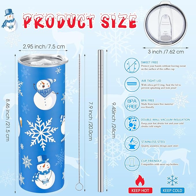 Sliner 6 Pcs Christmas Skinny Tumblers Set 20 oz Christmas Stainless Steel Travel Coffee Mug Holiday Insulated Water Tumbler with Lid and Straw Xmas Gift Set for Women Men Friends Family (Winter)