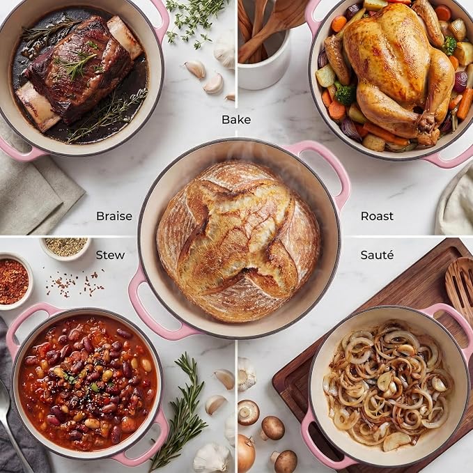 Zulay Kitchen 6.4QT Enameled Cast Iron Dutch Oven Pot with Lid, Heavy-Duty Soup Pot for Stews, Braising, Roasting & Sourdough Bread Baking, Oven Safe up to 500°F - Pink