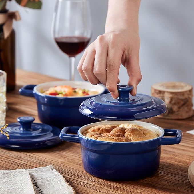 Lareina Mini Cocotte - 12oz Ceramic Casserole Dishes - Kitchen Casserole Sets With Handles And Lid - Small Baking Ramekins - Oven, Microwave & Dishwasher Safe - Set of 4 - Blue