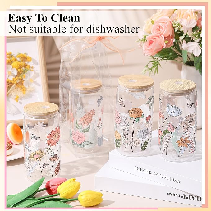 Mumufy 8 Sets Vintage Flower Glass Cups with Clear Gift Bag 16 oz Reusable Colorful Iced Coffee Mugs Aesthetic Cute Tumbler with Lids and Straws, Gifts for Girls Women Bridesmaid