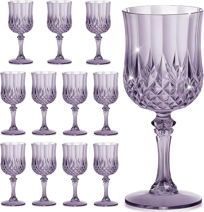 7OZ Plastic Wine Glasses, Reusable Vintage Goblets Unbreakable Drinking Glasses Crystal Water Cups Champagne for Wedding, Parties (12, Dark Purple)