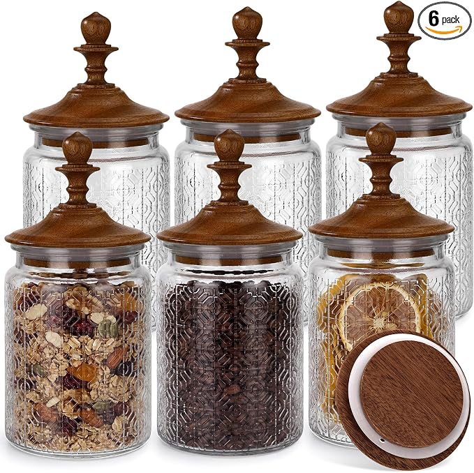 Suclain 6 Pack 24 oz Vintage Glass Jars with Wooden Crown Lids, Decorative Jars with Flower in the Window Pattern, Airtight Glass Food Storage Containers for Tea Coffee Spice Pantry Organization