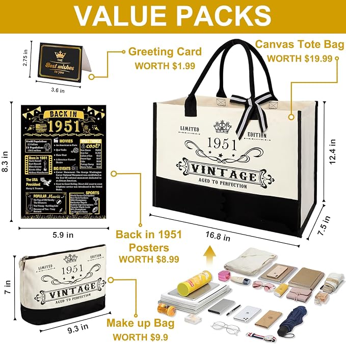 YeohJoy 75th Birthday Gifts for Women Canvas Tote Bag Travel Gear, Unique 75 Years Old Birthday Gifts for Mom Wife Aunt Friends Her, Vintage 1951 Handbag & Cosmetic Bag & Back in 1951 Poster