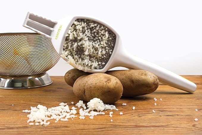 RSVP International (SPUD) Potato Ricer, White/Green | Mash Potatoes, Fruits, Vegetables & More | Includes Medium & Coarse Plates | Pot Resting Extension | Dishwasher Safe
