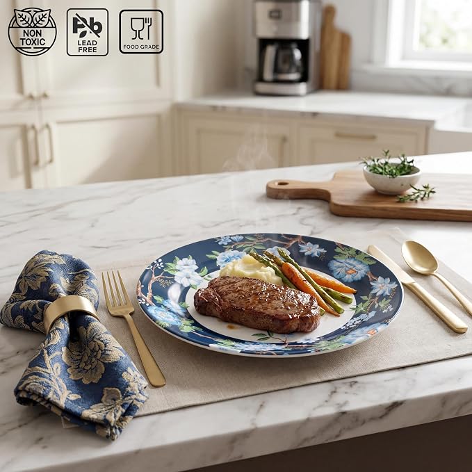 222 Fifth 12-Piece Porcelain Dinnerware Set for 4, Luxury White & Bohemian Blue Plates and Bowls Set, Glossy Ceramic Dish Set with Detailed Floral, Microwave & Dishwasher Safe Dishes, Nightingale