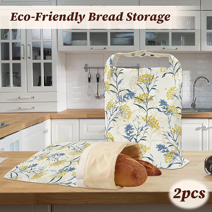 Bread Bags for Homemade Bread, Yellow Berries Leaves 2 Pack Linen and Beeswax Sourdough Storage Bags, Reusable Keeper, Keeps Breads Fresh Longer, Gifts for Bakers