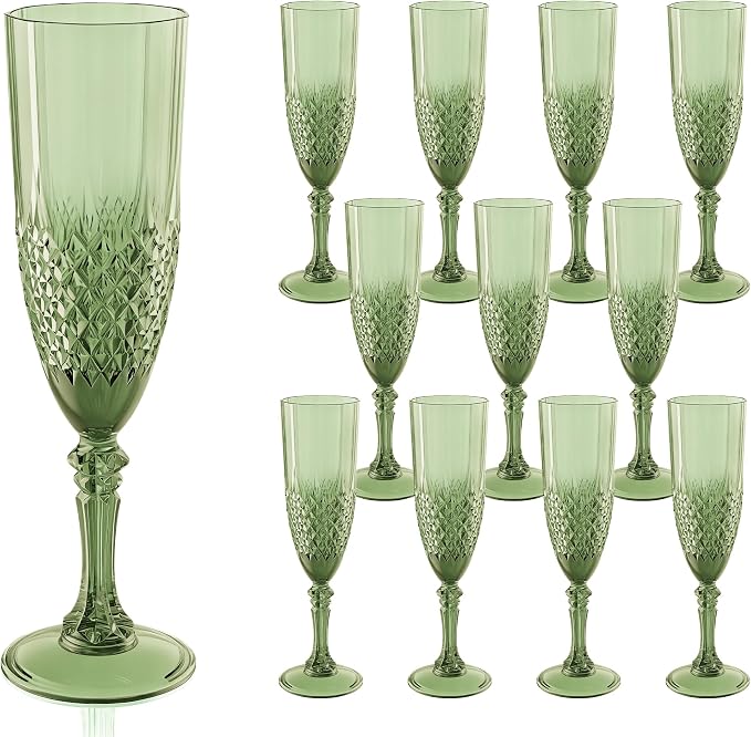 Plastic Champagne Flutes, Champagne Glasses Bulk, Reusable Unbreakable Acrylic Wine Glasses Goblets for Weddings Bachelor Parties Toasting Bridal Shower (12, Sage Green)