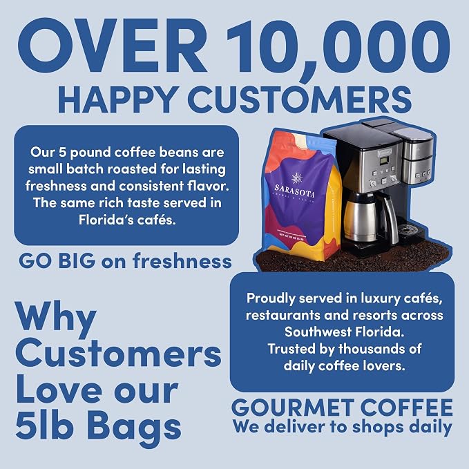 Sarasota Coffee Whole Bean Espresso | Dark Roast Gourmet Coffee Beans | Low Acid, Mold Free, Specialty Grade Bulk Beans | 5lb (80 oz)