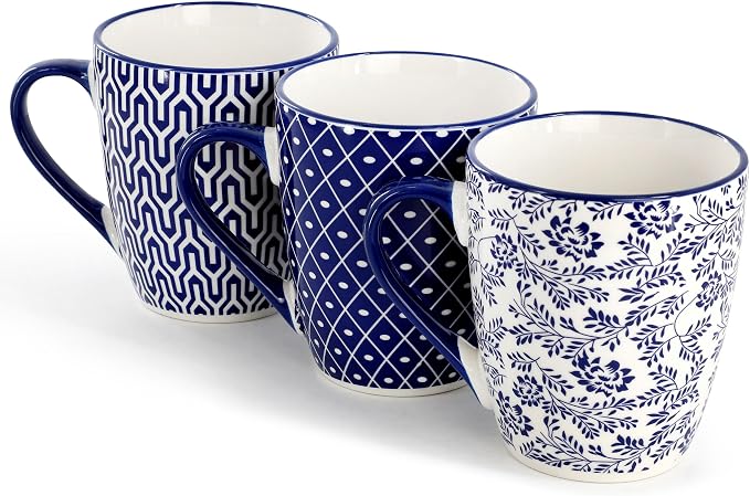 Elama Declan 12 Ounce Assorted Design Stoneware Mug Set in Blue and White, 6 Piece Set