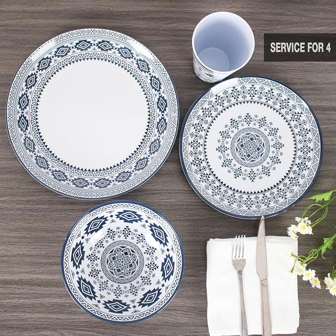 Melamine Dinnerware Set for 4-16 Pcs:Camping Dishes Set with Dinner Plates,Salad Plates, Bowls and Cups.Lightweight and Unbreakable.Indoor and Outdoor Use.