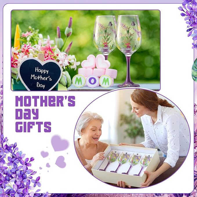 SiliFine 4 Pcs Lavender Party Stemmed Wine Glasses Hand Painted Purple Flower Butterfly Drinking Cup Wine Glasses Gifts for Women Mom Birthday Wedding Anniversary Holiday Party Supplies
