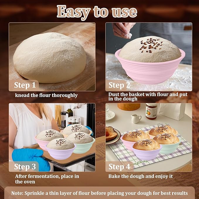 4Pcs Silicone Banneton Bread Proofing Baskets, 9" Collapsible Sourdough Bread Baking Supplies Non-Stick Round Dough Proofing Bowl Containers Oven Safe for Various Tastes Bread Making-BPA Free