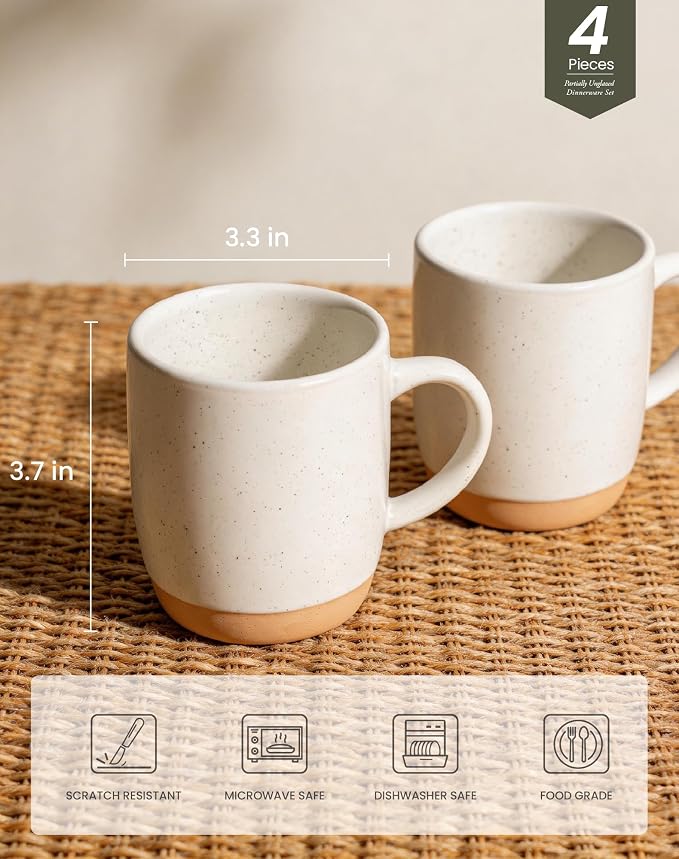 OTAGO Coffee Mugs for 4, 12 oz Mug Set, Partially Unglazed Base,Dringking Cup with Handle for Coffee, Tea, Cocoa, Milk, White