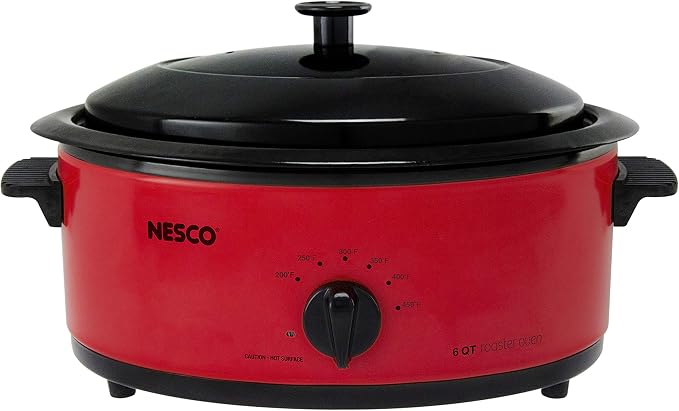NESCO 4816-12, Roaster Oven with Porcelain Coated Steel Cookwell, Red, 6 quart, 750 watts