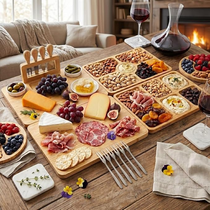 SPATIX Bamboo Charcuterie Boards Set Large Cheese Board Set with Charcuterie Accessories Perfect Birthday Gifts for Couple and House Warming Gifts New Home Gift