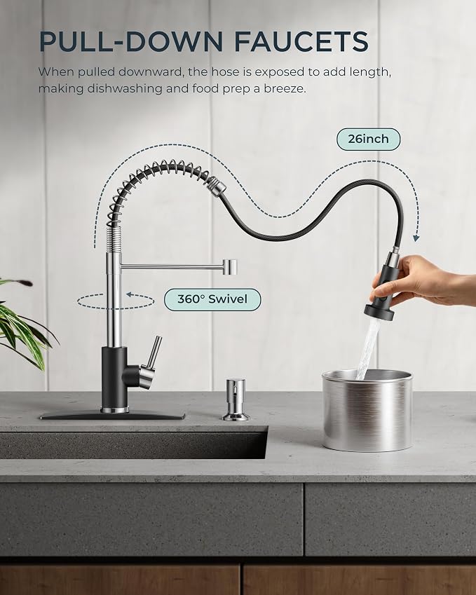 FORIOUS Kitchen Faucet with Pull Down Sprayer, Stainless Steel Commercial Single Handle Classic Spring Pull Out Sink Faucet for Pot Filler, Farmhouse Camper Bar Laundry Room, Black Chrome